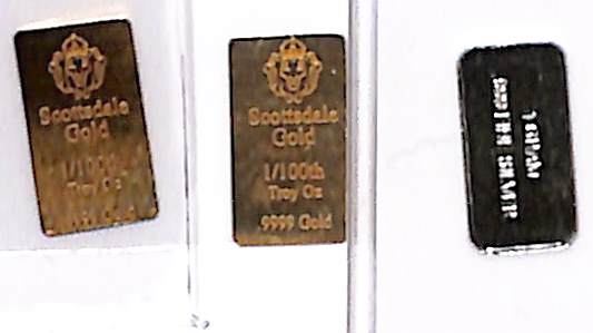 (2) Scottsdale Gold 1/100th oz Bars & 1 gram of .999 Silver