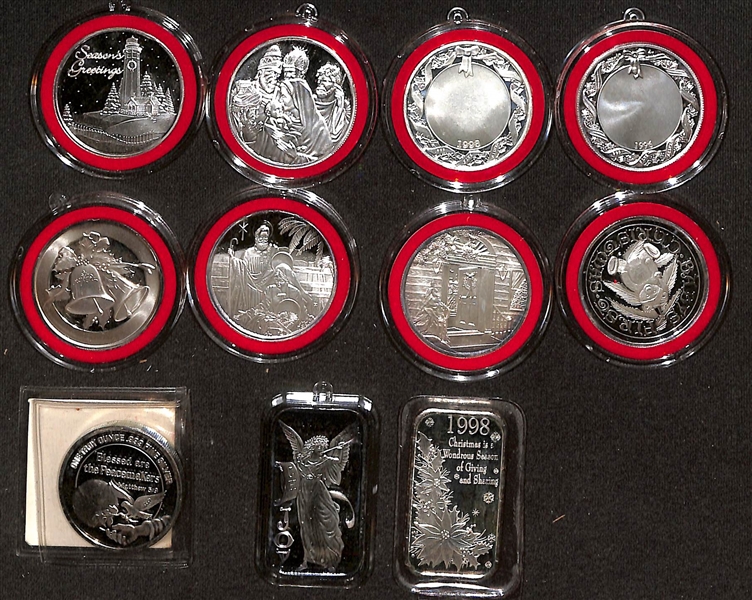 Lot of (11) Christmas Themed Silver Commemorative 1 oz Coins & Bars - .999