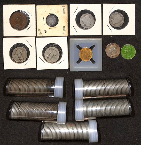 (7) Silver US Coins w. 1844 1/2 Seated Liberty Dime, (1) 1837 Large Cent, & (182) 1867-1946 Nickels
