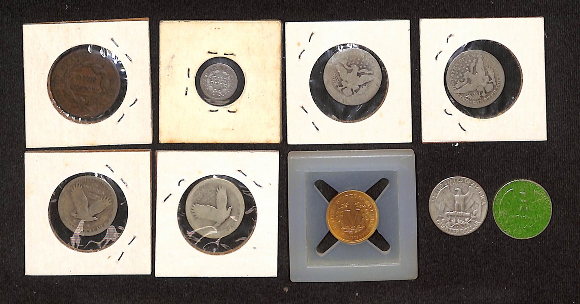 (7) Silver US Coins w. 1844 1/2 Seated Liberty Dime, (1) 1837 Large Cent, & (182) 1867-1946 Nickels