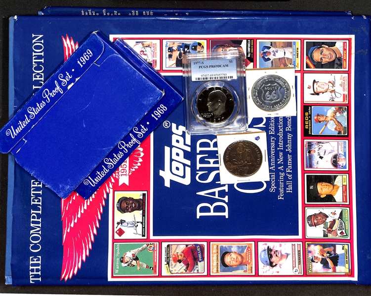 Lot of (2) Proof Sets, (3) Coins & 1990 Signed Topps Baseball Cards Anniversary Edition - Signed by Howard O. Greene Jr.