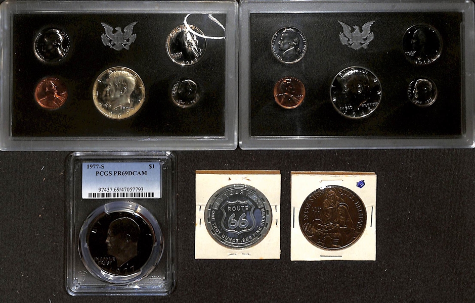 Lot of (2) Proof Sets, (3) Coins & 1990 Signed Topps Baseball Cards Anniversary Edition - Signed by Howard O. Greene Jr.