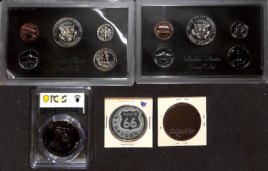 Lot of (2) Proof Sets, (3) Coins & 1990 Signed Topps Baseball Cards Anniversary Edition - Signed by Howard O. Greene Jr.