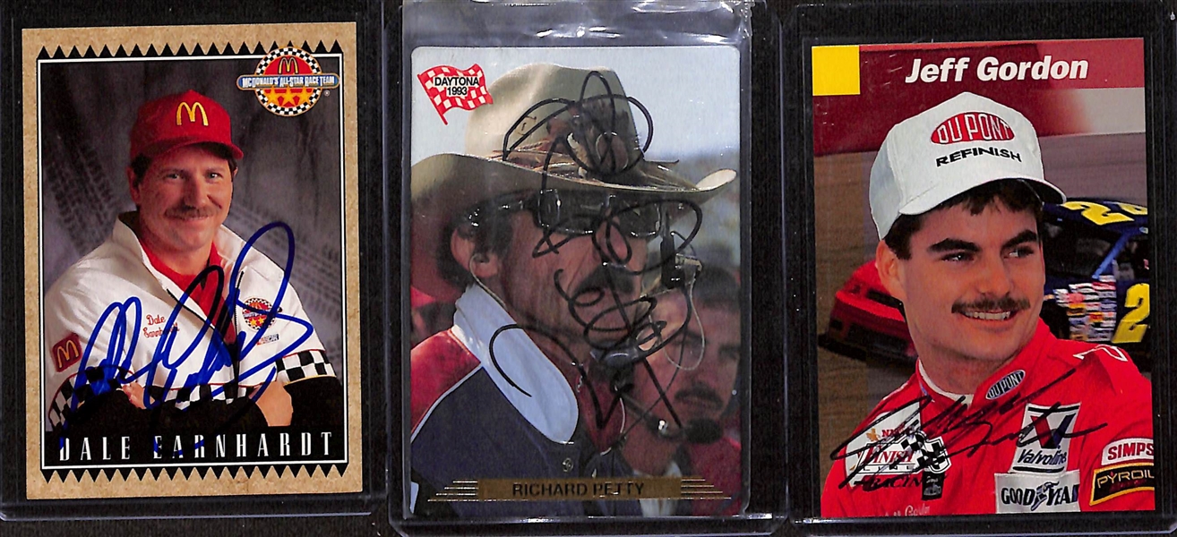 Lot of (3) Signed NASCAR Cards w. Dale Earnhardt, Richard Petty, Jeff Gordon (+ JSA Auction Letter)