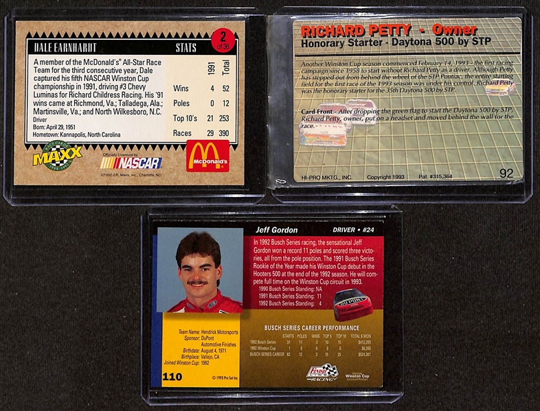 Lot of (3) Signed NASCAR Cards w. Dale Earnhardt, Richard Petty, Jeff Gordon (+ JSA Auction Letter)