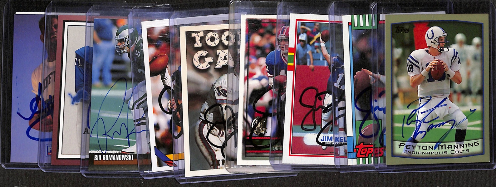 Lot of (9) Signed Football Cards w. Peyton Manning, Jim Kelly, More (+JSA Auction Letter)