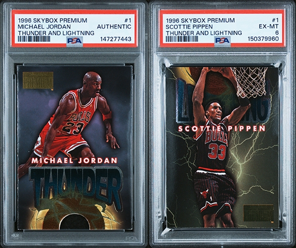 1996-97 Skybox Premium Thunder & Lightning Michael Jordan (PSA Authentic) & Scottie Pippen (PSA 6) Graded Cards