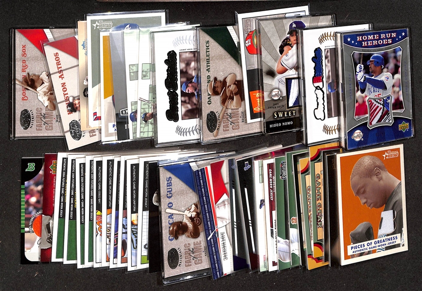 (43) Game-Used Baseball Relic Cards w. Patches (Lee, Sosa, Nomo) & Jersey Relics (Pujols, R. Jackson, Piazza, Winfield, Piniella, F. Thomas, C. Jones), and More!