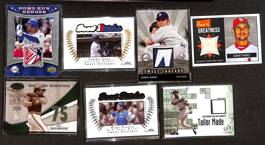 (43) Game-Used Baseball Relic Cards w. Patches (Lee, Sosa, Nomo) & Jersey Relics (Pujols, R. Jackson, Piazza, Winfield, Piniella, F. Thomas, C. Jones), and More!