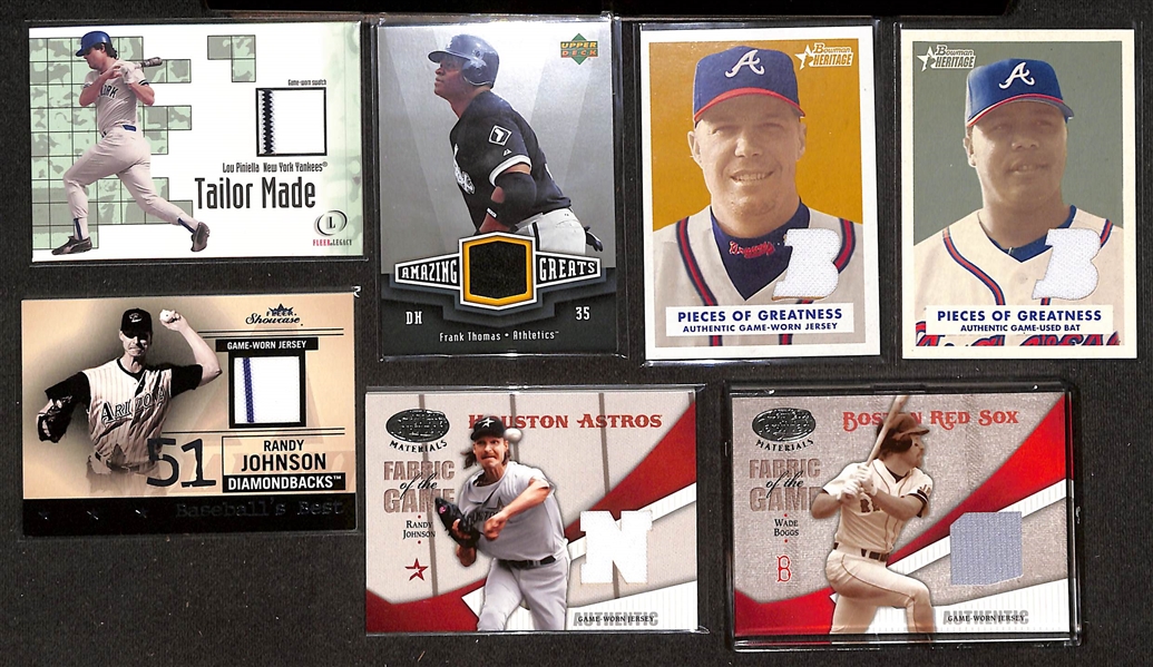 (43) Game-Used Baseball Relic Cards w. Patches (Lee, Sosa, Nomo) & Jersey Relics (Pujols, R. Jackson, Piazza, Winfield, Piniella, F. Thomas, C. Jones), and More!