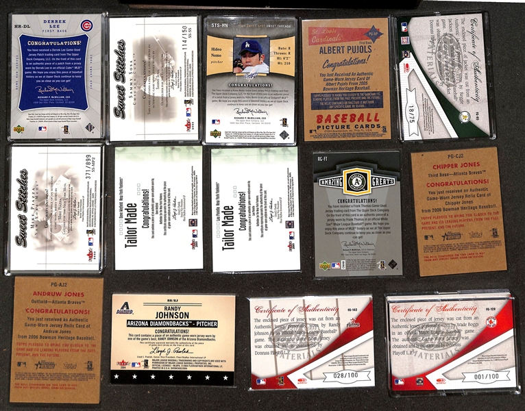 (43) Game-Used Baseball Relic Cards w. Patches (Lee, Sosa, Nomo) & Jersey Relics (Pujols, R. Jackson, Piazza, Winfield, Piniella, F. Thomas, C. Jones), and More!