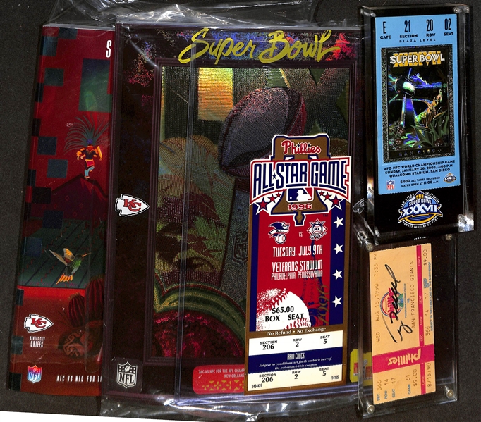 Ticket & Program Lot w. 8/15/1990 Terry Mulholland Signed No-Hitter Ticket Stub, SB XXXVII Ticket Stub, 1996 AS Game Stub, SB LVII Program, SB LIX Program