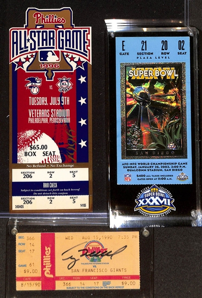 Ticket & Program Lot w. 8/15/1990 Terry Mulholland Signed No-Hitter Ticket Stub, SB XXXVII Ticket Stub, 1996 AS Game Stub, SB LVII Program, SB LIX Program