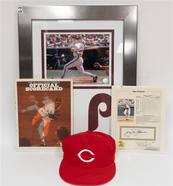 Lot of (3) Signed Baseball Memorabilia Pieces w. Mike Schmidt (HOF), Jim Palmer (HOF), Pete Rose (+JSA Auction Letter)