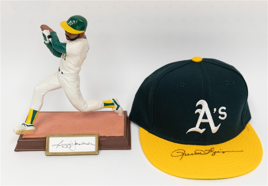 Signed Rollie Fingers Baseball Hat and Signed Figurine & Reggie Jackson Figure (+JSA Auction Letter)