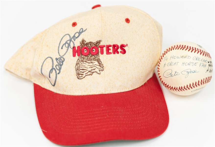 Lot of (9) Various Memorabilia Items w. Pete Rose Signed Baseball (from Howard Green Collection) & Baseball Hat, + (JSA Auction Letter)