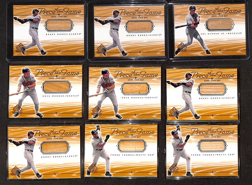 (50) 2000 Upper Deck SP Piece of the Game Bat Relic Cards w. Ripken, (3) Bonds,(2) F. Thomas, (2) Maddux, R. Johnson, C. Jones, Gwynn, (4) A. Rodriguez, +