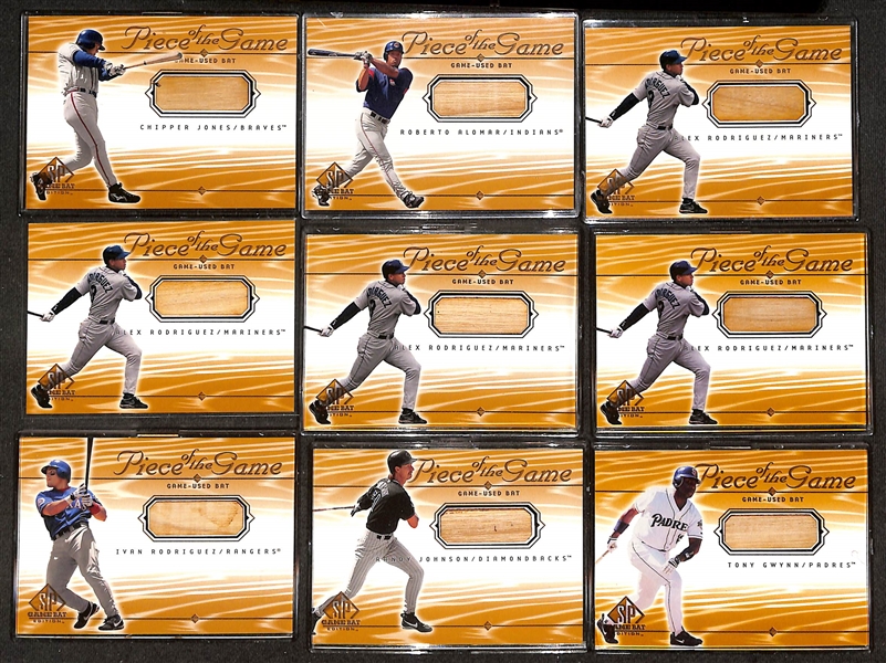(50) 2000 Upper Deck SP Piece of the Game Bat Relic Cards w. Ripken, (3) Bonds,(2) F. Thomas, (2) Maddux, R. Johnson, C. Jones, Gwynn, (4) A. Rodriguez, +