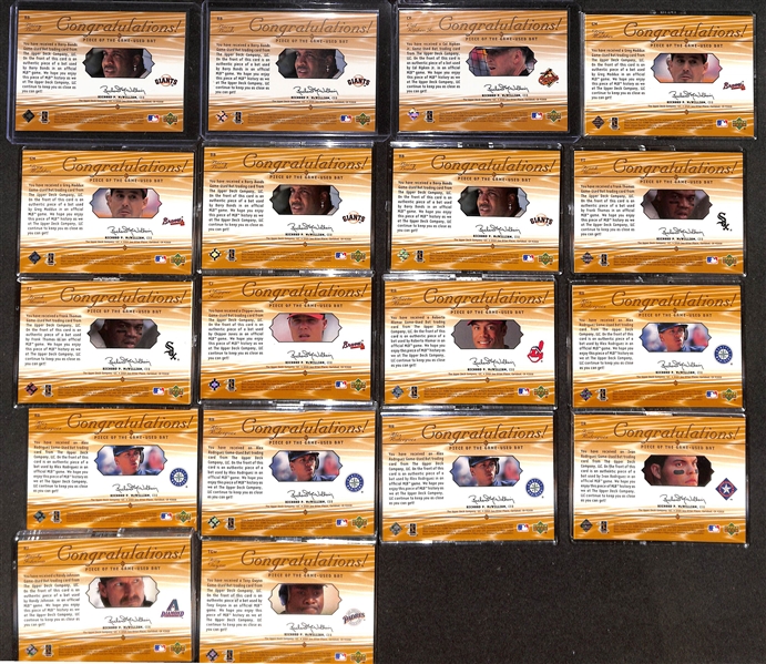 (50) 2000 Upper Deck SP Piece of the Game Bat Relic Cards w. Ripken, (3) Bonds,(2) F. Thomas, (2) Maddux, R. Johnson, C. Jones, Gwynn, (4) A. Rodriguez, +