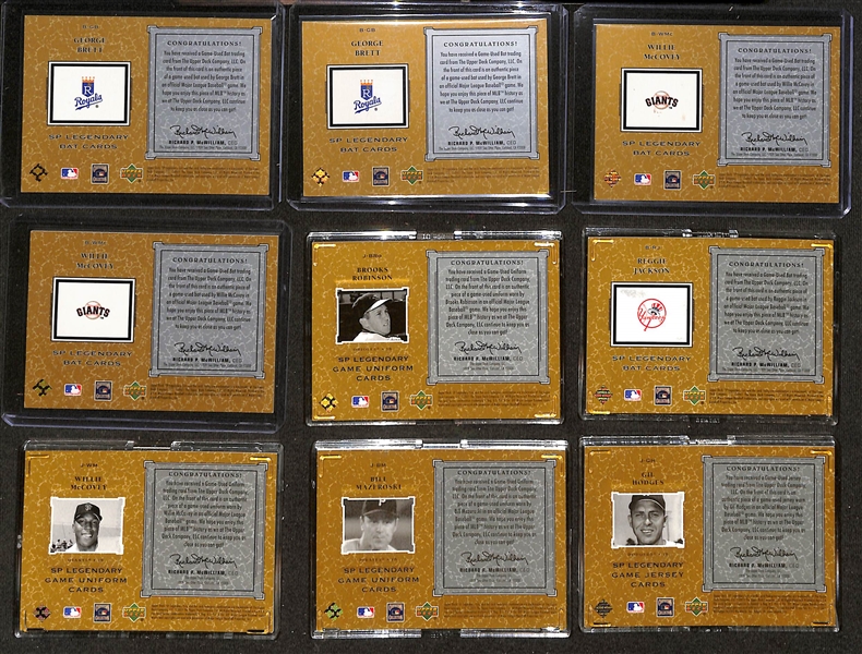 (24) 2001 Upper Deck Legendary Cuts Relic Cards w. (2) Brett, Reggie Jackson, (3) McCovey, Mazeroski, Hodges, B. Robinson, +