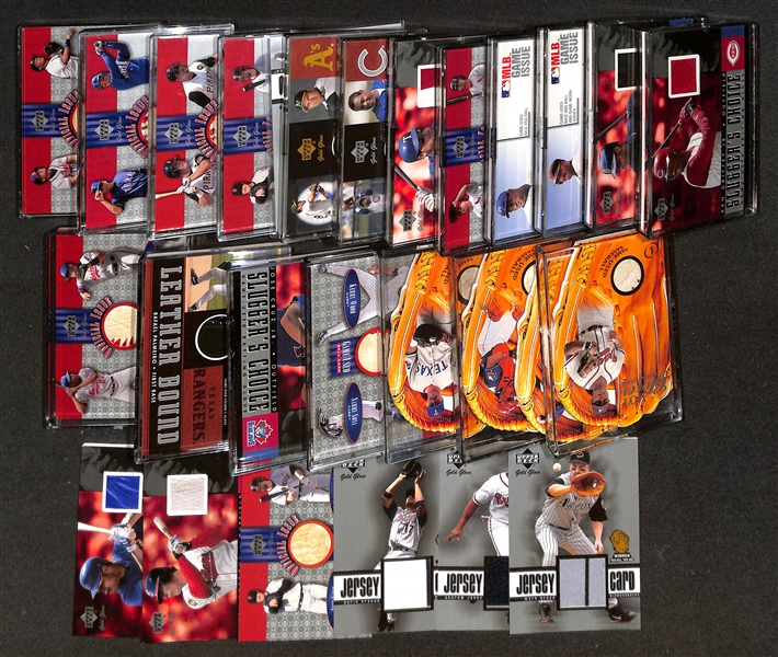 (27) UD & Fleer Game-Used Relic Cards w. (2) Griffey Jr., Bonds, Sosa, McGwire/Pujols, Fisk, + (Mostly Baseball, Glove, Base, and/or Jersey Relics) 