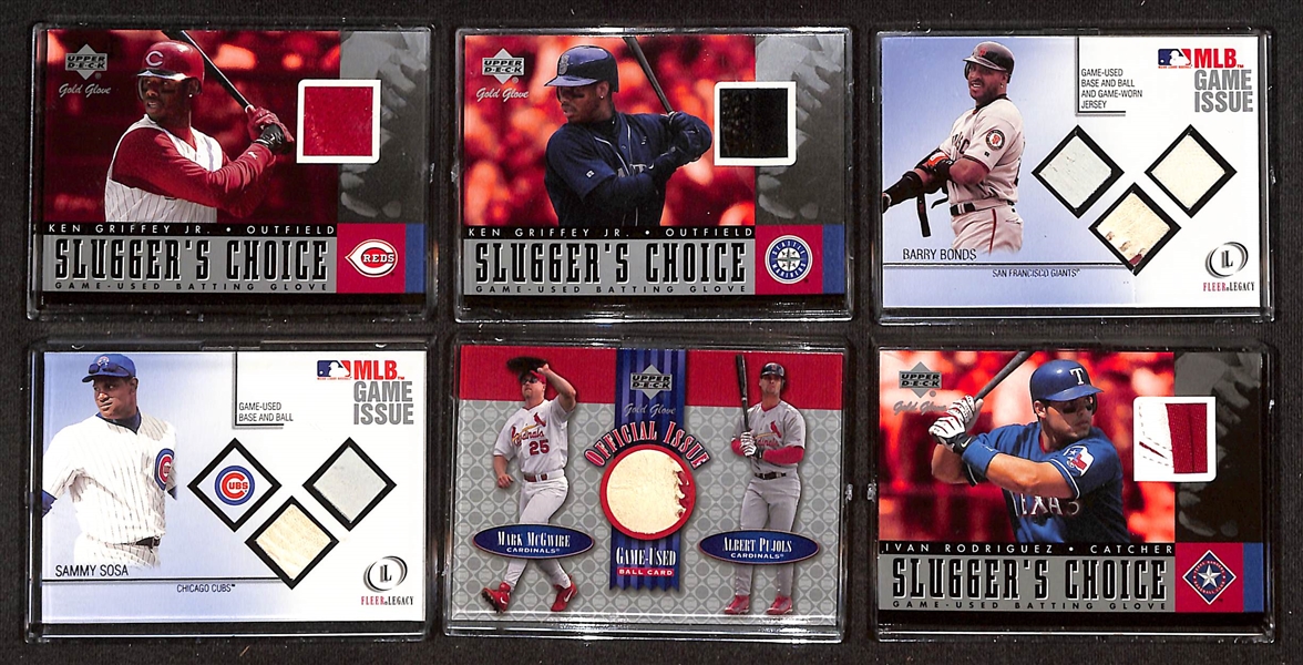 (27) UD & Fleer Game-Used Relic Cards w. (2) Griffey Jr., Bonds, Sosa, McGwire/Pujols, Fisk, + (Mostly Baseball, Glove, Base, and/or Jersey Relics) 