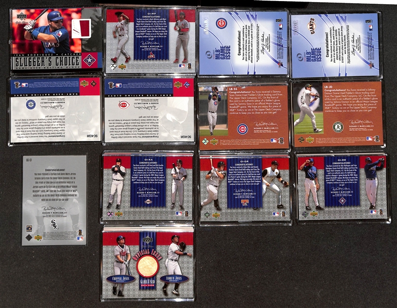 (27) UD & Fleer Game-Used Relic Cards w. (2) Griffey Jr., Bonds, Sosa, McGwire/Pujols, Fisk, + (Mostly Baseball, Glove, Base, and/or Jersey Relics) 