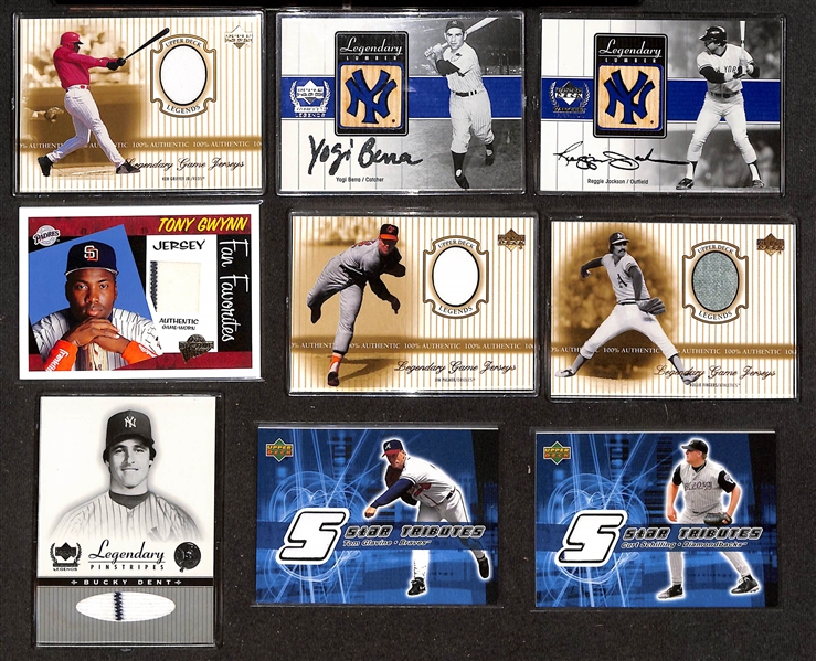 (31) Relic Cards w. Griffey Jr. (2000 UD Legends), Yogi Berra, R. Jackson, Gwynn, Palmer, Fingers, Ripken, Dent, Glavine, Schilling, +