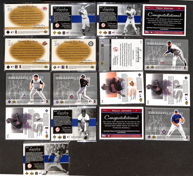(31) Relic Cards w. Griffey Jr. (2000 UD Legends), Yogi Berra, R. Jackson, Gwynn, Palmer, Fingers, Ripken, Dent, Glavine, Schilling, +