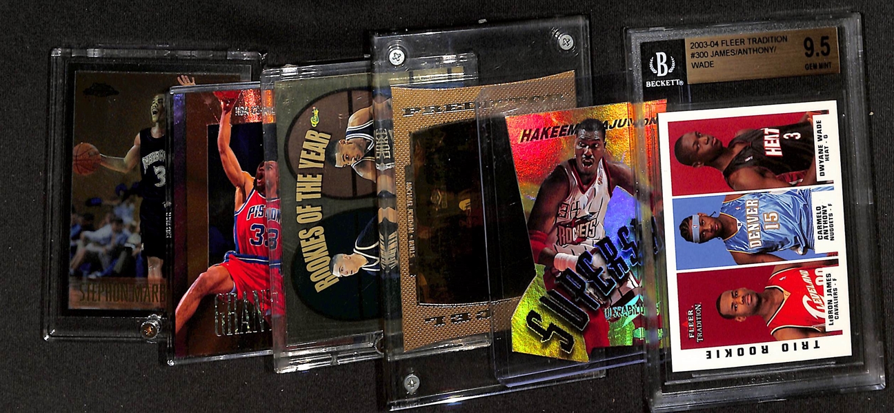 (6) Basketball Cards w. 2003 Fleer Tradition LeBron/Carmelo/D. Wade Rookie (BGS 9.5), 1997 Ultra Ultrabilities Superstar Hakeem Olajuwon Die Cut, M. Jordan TV Cel Die-Cut, +