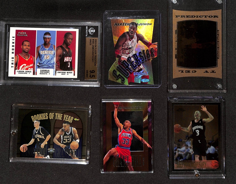 (6) Basketball Cards w. 2003 Fleer Tradition LeBron/Carmelo/D. Wade Rookie (BGS 9.5), 1997 Ultra Ultrabilities Superstar Hakeem Olajuwon Die Cut, M. Jordan TV Cel Die-Cut, +
