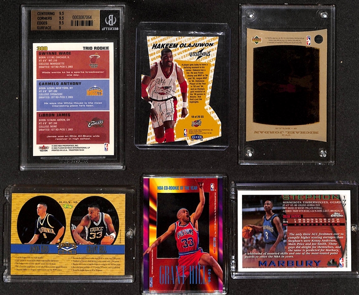 (6) Basketball Cards w. 2003 Fleer Tradition LeBron/Carmelo/D. Wade Rookie (BGS 9.5), 1997 Ultra Ultrabilities Superstar Hakeem Olajuwon Die Cut, M. Jordan TV Cel Die-Cut, +