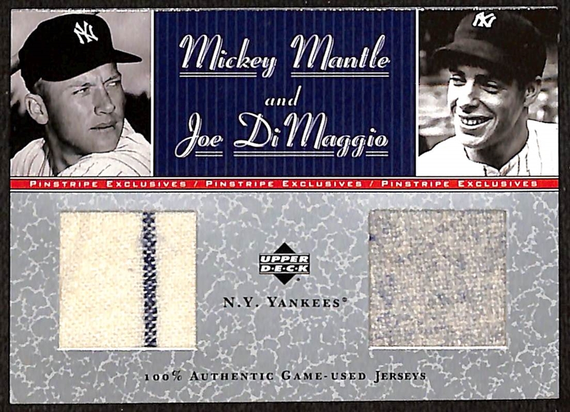 2001 Upper Deck Pinstripe Exclusives Mickey Mantle and Joe DiMaggio Dual Game-Used Jersey Card (w. Mantle Pinstripe) #9/50
