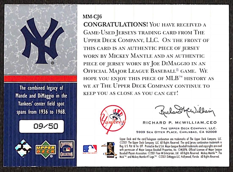 2001 Upper Deck Pinstripe Exclusives Mickey Mantle and Joe DiMaggio Dual Game-Used Jersey Card (w. Mantle Pinstripe) #9/50