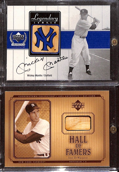 Yankees Game-Used Relics - 2000 UD Yankees Legends Mickey Mantle Legendary Lumber Game-Used Bat Card & 2001 Upper Deck Cooperstown Hall of Famers Joe DiMaggio Game-Used Bat