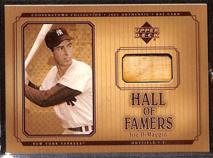 Yankees Game-Used Relics - 2000 UD Yankees Legends Mickey Mantle Legendary Lumber Game-Used Bat Card & 2001 Upper Deck Cooperstown Hall of Famers Joe DiMaggio Game-Used Bat