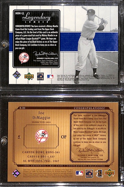 Yankees Game-Used Relics - 2000 UD Yankees Legends Mickey Mantle Legendary Lumber Game-Used Bat Card & 2001 Upper Deck Cooperstown Hall of Famers Joe DiMaggio Game-Used Bat