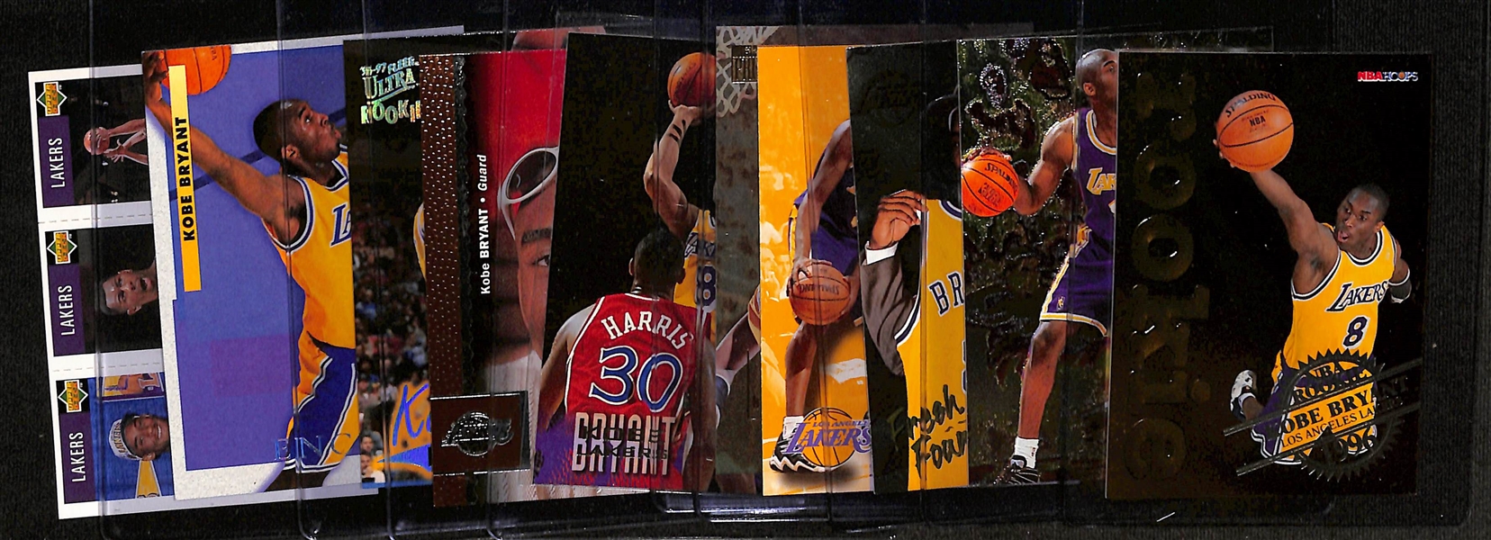 (10) Kobe Bryant Rookie Cards Inc. NBA Hoops, Fleer Metal, Fresh Foundations, Skybox Premium #55 & 203, Fleer, Upper Deck , Ultra, Ultra Encore, UD Choice Gold