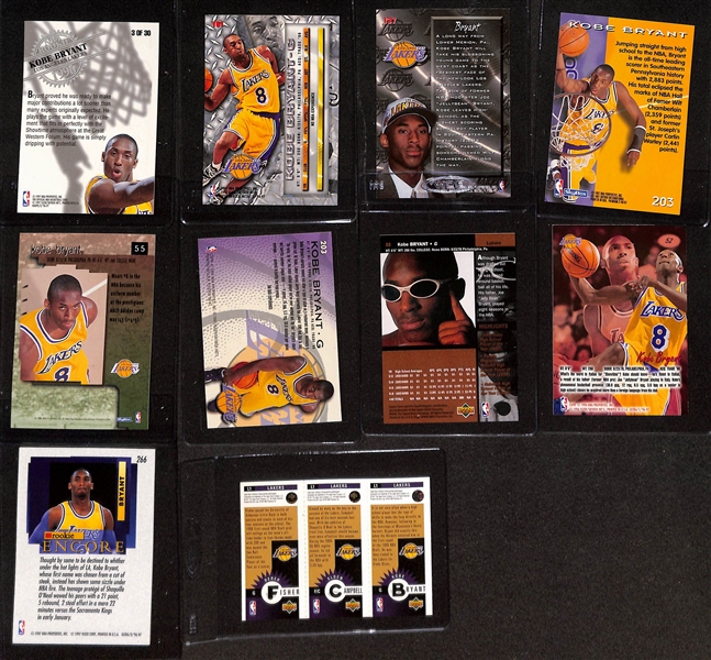 (10) Kobe Bryant Rookie Cards Inc. NBA Hoops, Fleer Metal, Fresh Foundations, Skybox Premium #55 & 203, Fleer, Upper Deck , Ultra, Ultra Encore, UD Choice Gold
