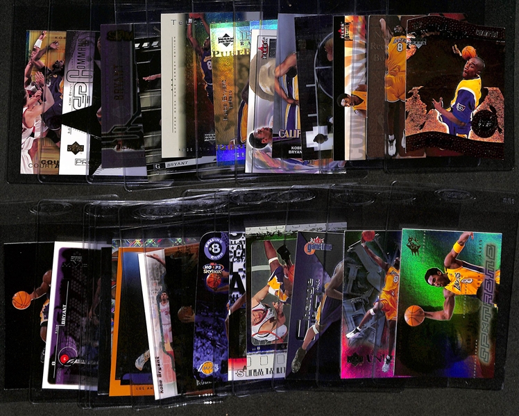 (25) Kobe Bryant Cards w. Many Inserts Inc. UD Slam Dunk Champions, Showcase HIStory, Fleer Commanding Respect, Fleer Skilled Artists, +