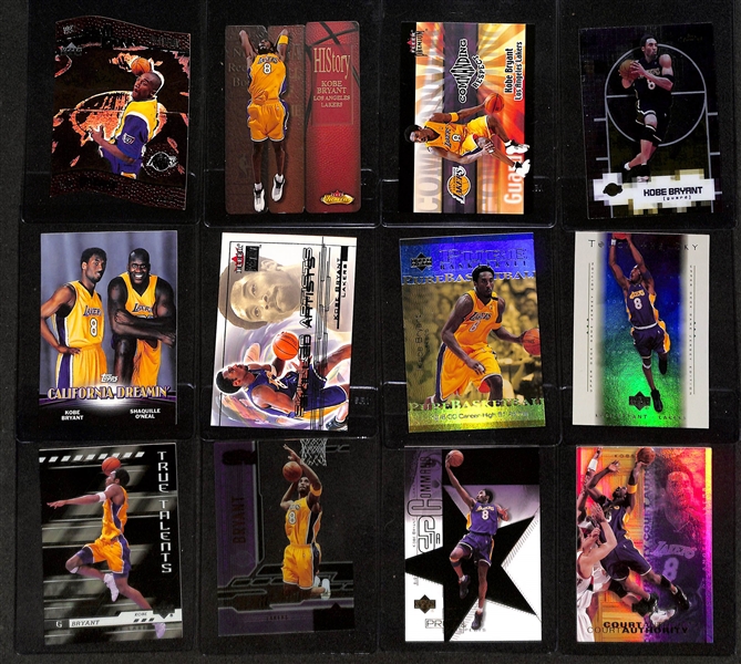 (25) Kobe Bryant Cards w. Many Inserts Inc. UD Slam Dunk Champions, Showcase HIStory, Fleer Commanding Respect, Fleer Skilled Artists, +