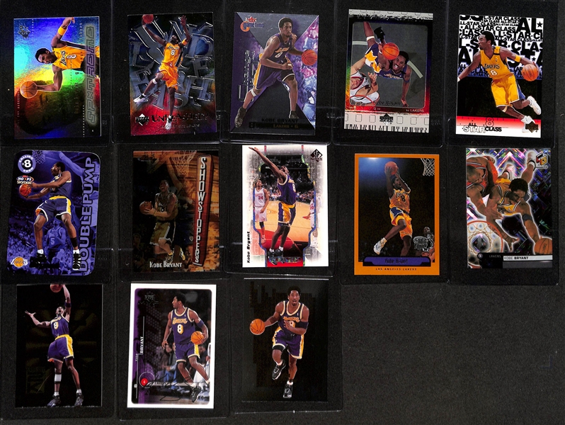 (25) Kobe Bryant Cards w. Many Inserts Inc. UD Slam Dunk Champions, Showcase HIStory, Fleer Commanding Respect, Fleer Skilled Artists, +