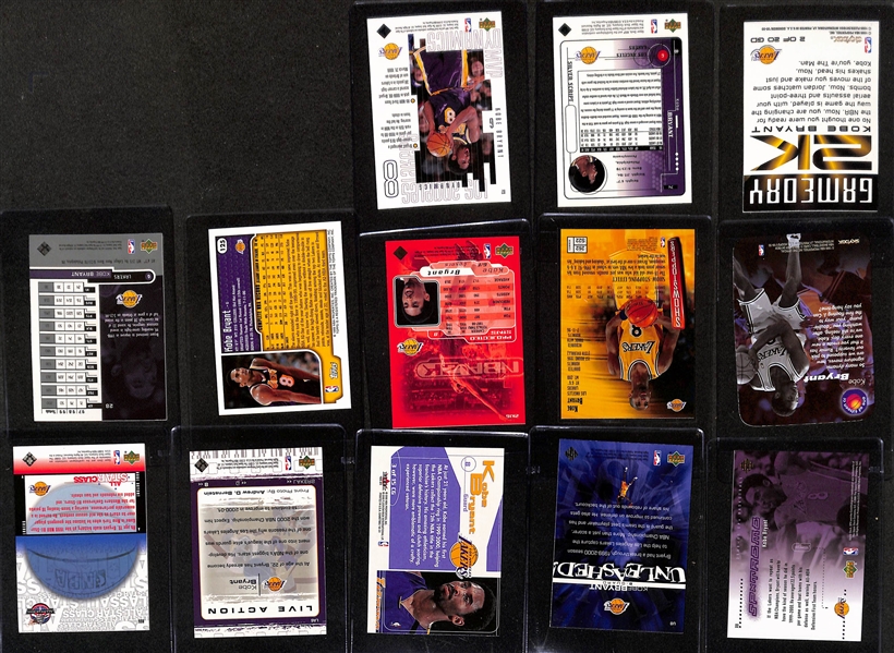 (25) Kobe Bryant Cards w. Many Inserts Inc. UD Slam Dunk Champions, Showcase HIStory, Fleer Commanding Respect, Fleer Skilled Artists, +