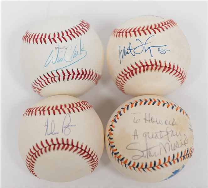 Lot of (4) Signed Baseballs From the Howard Greene Collection w. Stan Musial, Nolan Ryan,Milt Thompson, Will Clark (JSA Auction Letter)
