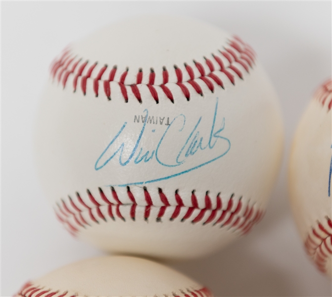 Lot of (4) Signed Baseballs From the Howard Greene Collection w. Stan Musial, Nolan Ryan,Milt Thompson, Will Clark (JSA Auction Letter)