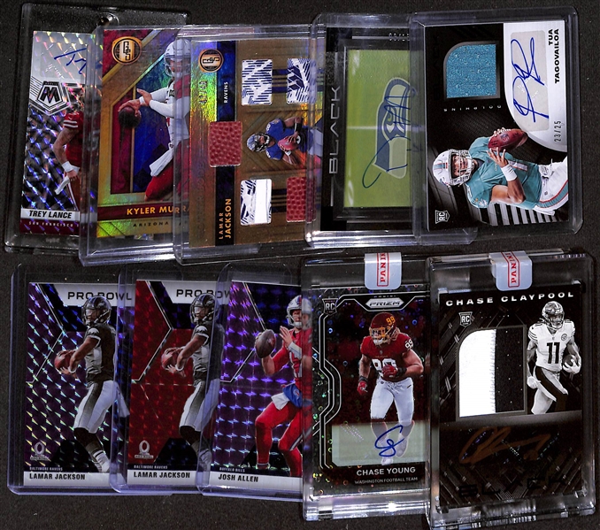 Lot of (10) Football Rookie, Relic, & Insert Cards w. 2020 Panini Black Tua Tagovailoa #/25 & 2021 Panini Black DK Metcalf #/15