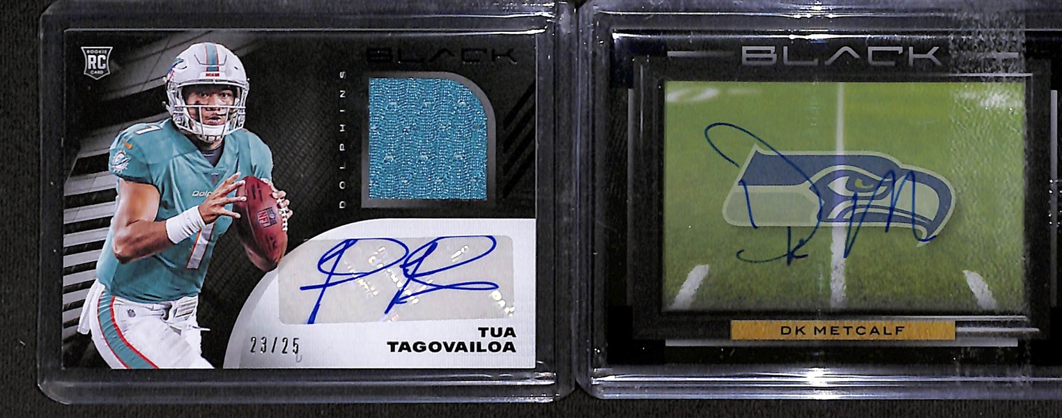 Lot of (10) Football Rookie, Relic, & Insert Cards w. 2020 Panini Black Tua Tagovailoa #/25 & 2021 Panini Black DK Metcalf #/15
