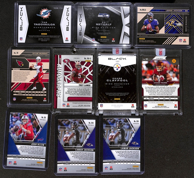 Lot of (10) Football Rookie, Relic, & Insert Cards w. 2020 Panini Black Tua Tagovailoa #/25 & 2021 Panini Black DK Metcalf #/15