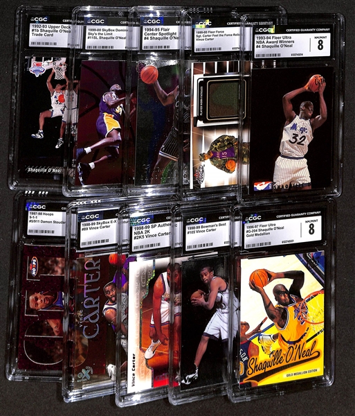 Lot of (10) CGC Graded Basketball Cards w. 1993-94 Fleer Ultra Shaquille O'Neal NBA Award Winners CGC 8 & 1999-00 Fleer Force Vince Carter Camo Relic CGC 7.5, + 