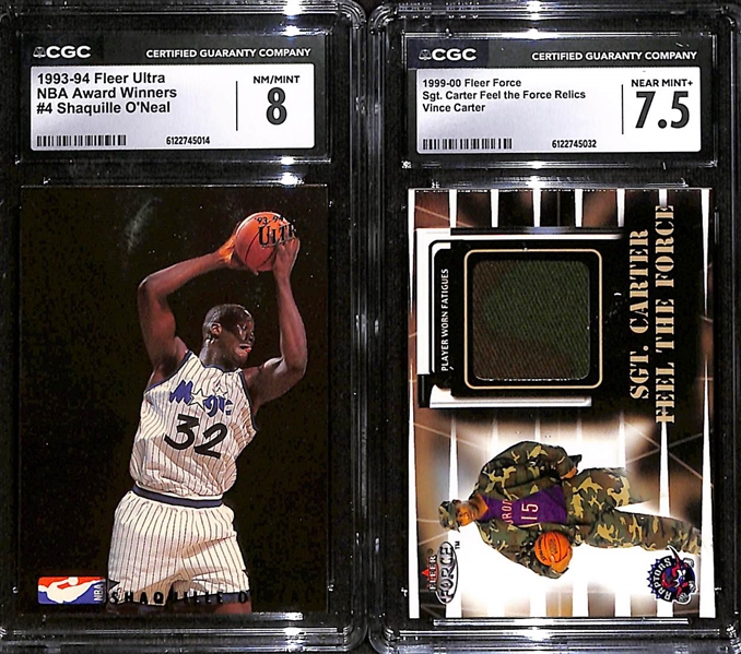 Lot of (10) CGC Graded Basketball Cards w. 1993-94 Fleer Ultra Shaquille O'Neal NBA Award Winners CGC 8 & 1999-00 Fleer Force Vince Carter Camo Relic CGC 7.5, + 